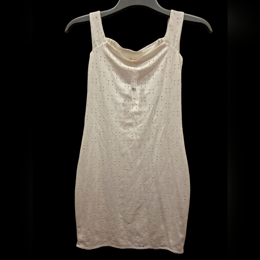 "La Hearts" NWT White Mini Dress with Cowl Neckline. Eyelet pattern. Casual...